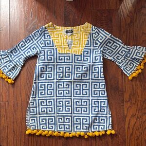 Blue and Yellow Geometric Tunic or Top with Pom-Poms
